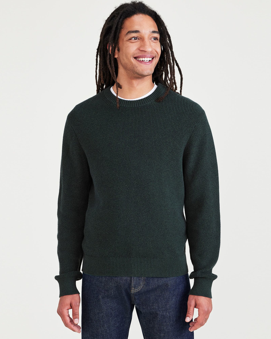 Front view of model wearing Highland Twist Pine Grove - Green Sweater, Regular Fit.