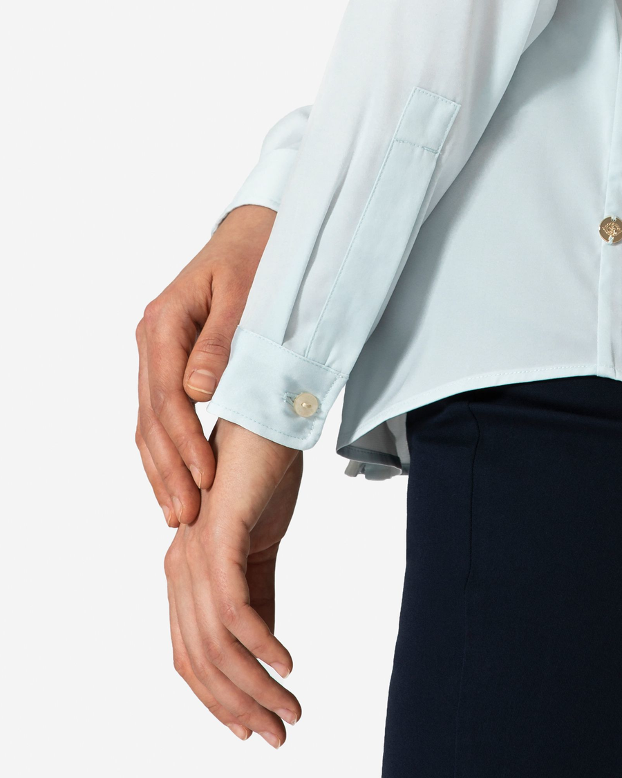 View of model wearing Illusion Blue Button-Up Shirt, Slim Fit.