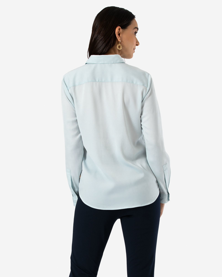 Back view of model wearing Illusion Blue Button-Up Shirt, Slim Fit.