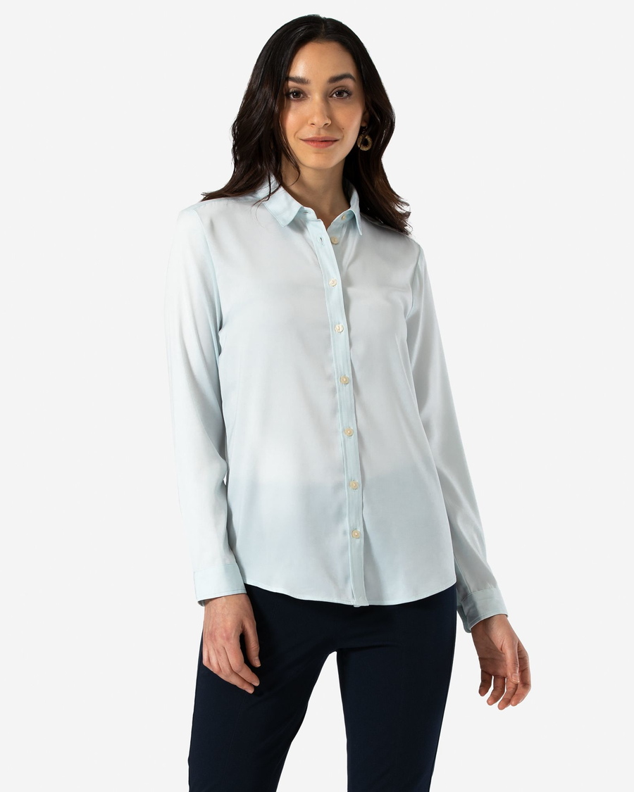 Front view of model wearing Illusion Blue Button-Up Shirt, Slim Fit.