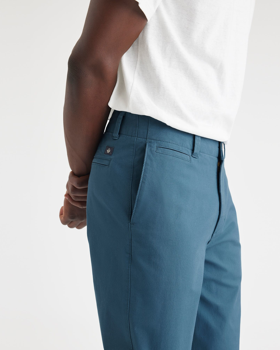 View of model wearing Indian Teal California Khakis, Straight Fit.