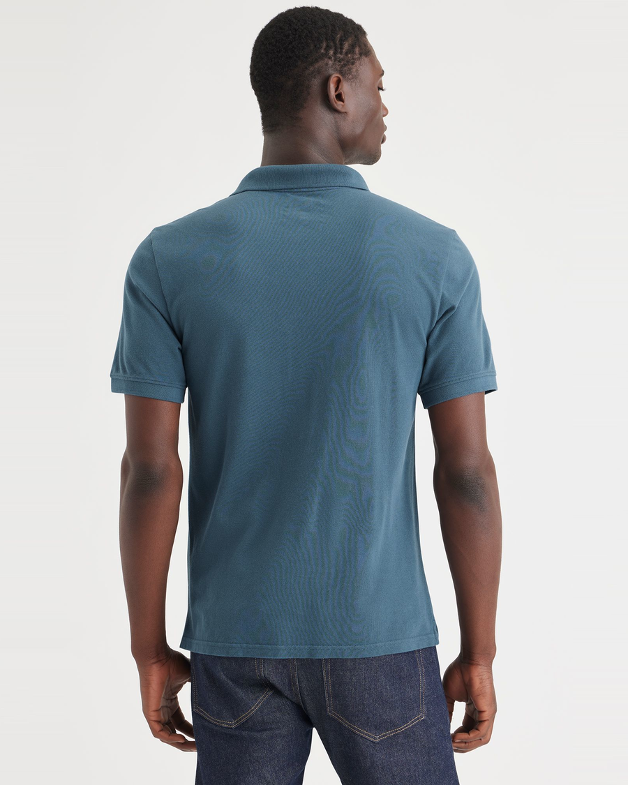 Back view of model wearing Indian Teal Rib Collar Polo, Slim Fit.