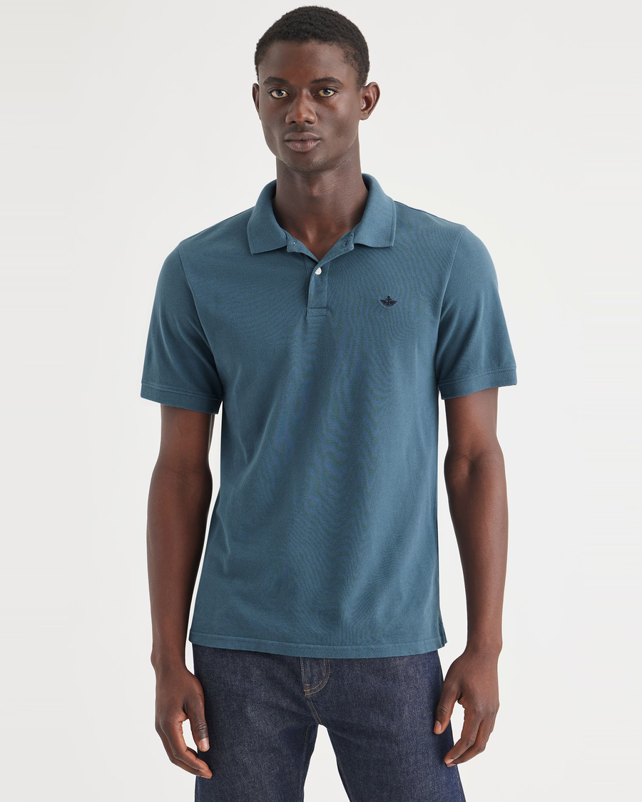 Front view of model wearing Indian Teal Rib Collar Polo, Slim Fit.