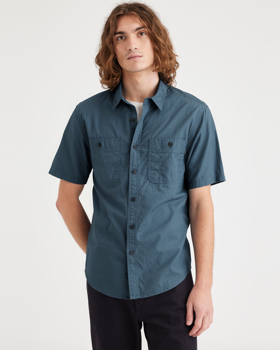 Front view of model wearing Indian Teal Utility Shirt, Regular Fit.