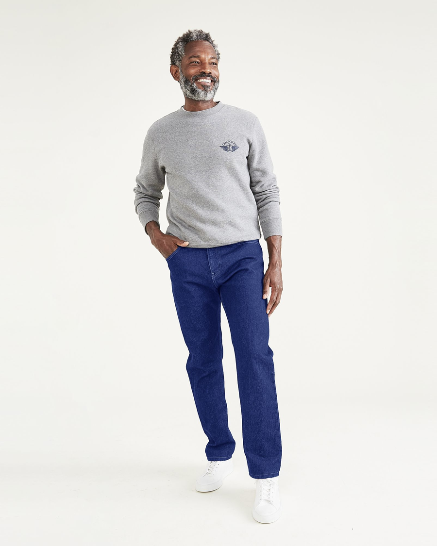 Front view of model wearing Indigo Stonewash Jean Cut Pants, Straight Fit.