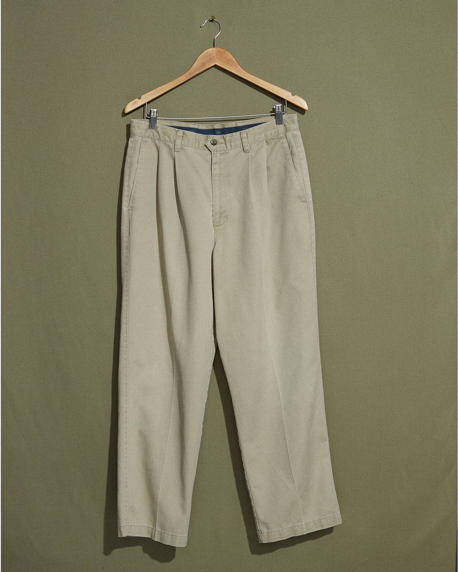 Front view of model wearing Khaki Double Pleated Khaki Pants - 32 x 28.