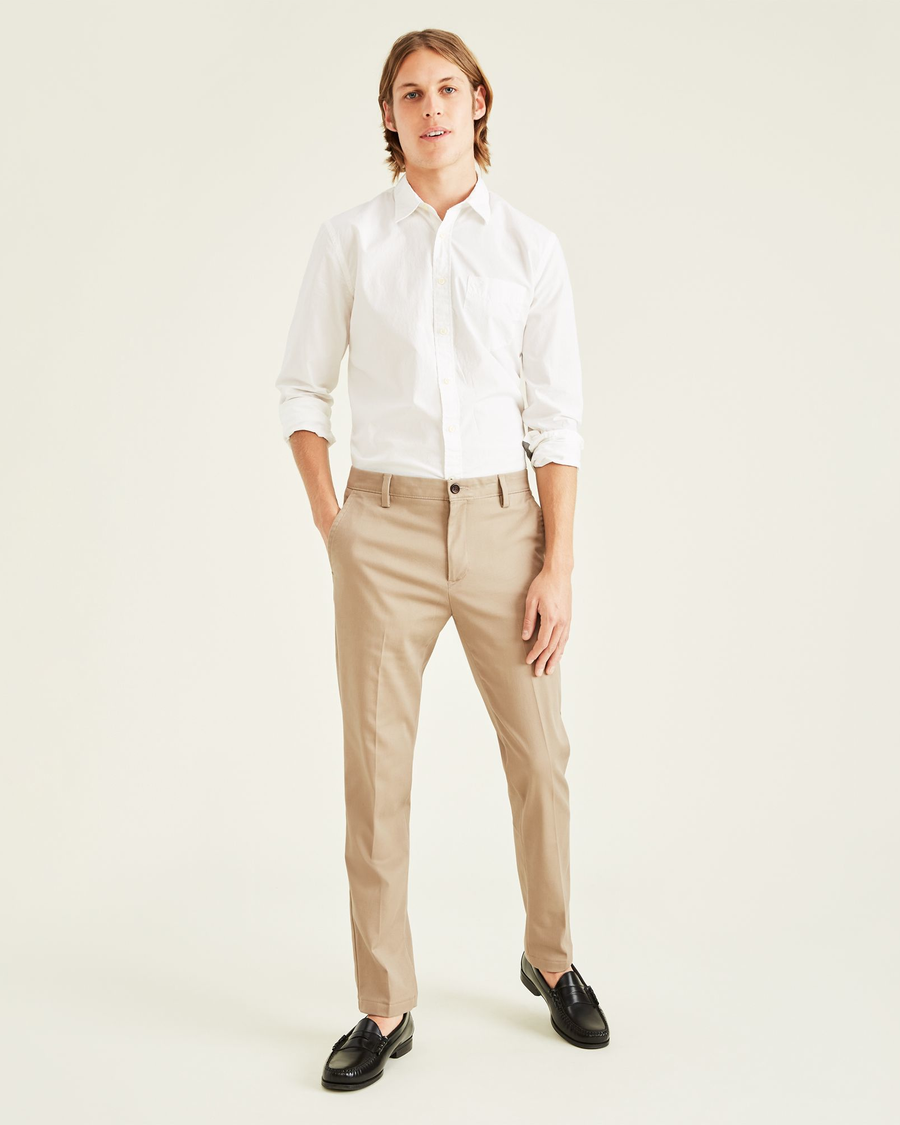 Front view of model wearing Khaki Easy Khakis, Slim Fit.