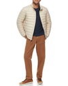 View of model wearing Khaki Lightweight Nylon Packable Jacket.