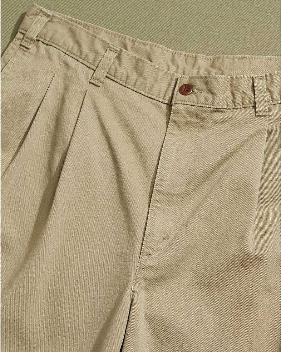 View of model wearing Khaki Made in USA, Double Pleated Khaki Pants - 32 x 28.