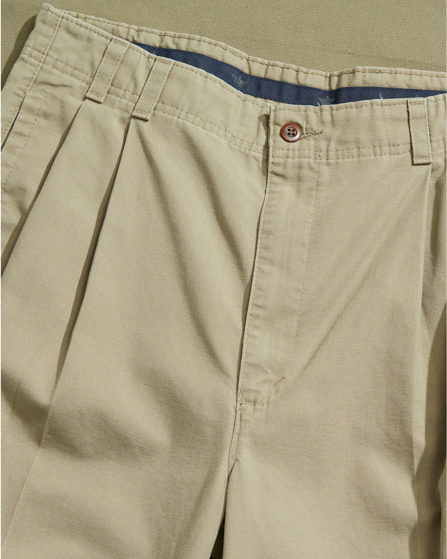 View of model wearing Khaki Made in USA, Double Pleated Khaki Pants - 32 x 30.