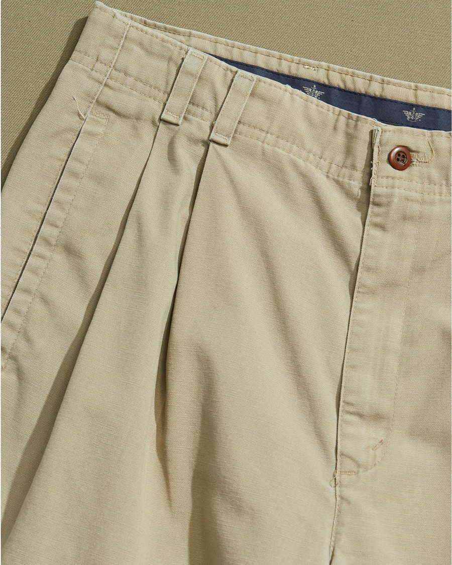 View of model wearing Khaki Made in USA, Double Pleated Khaki Pants - 32 x 31.