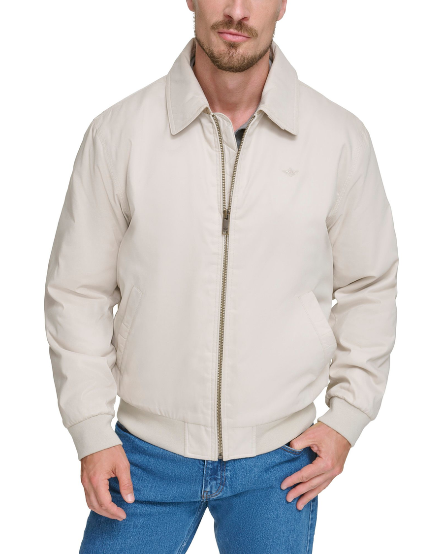 View of model wearing Khaki Microtwill Relaxed Bomber Jacket.