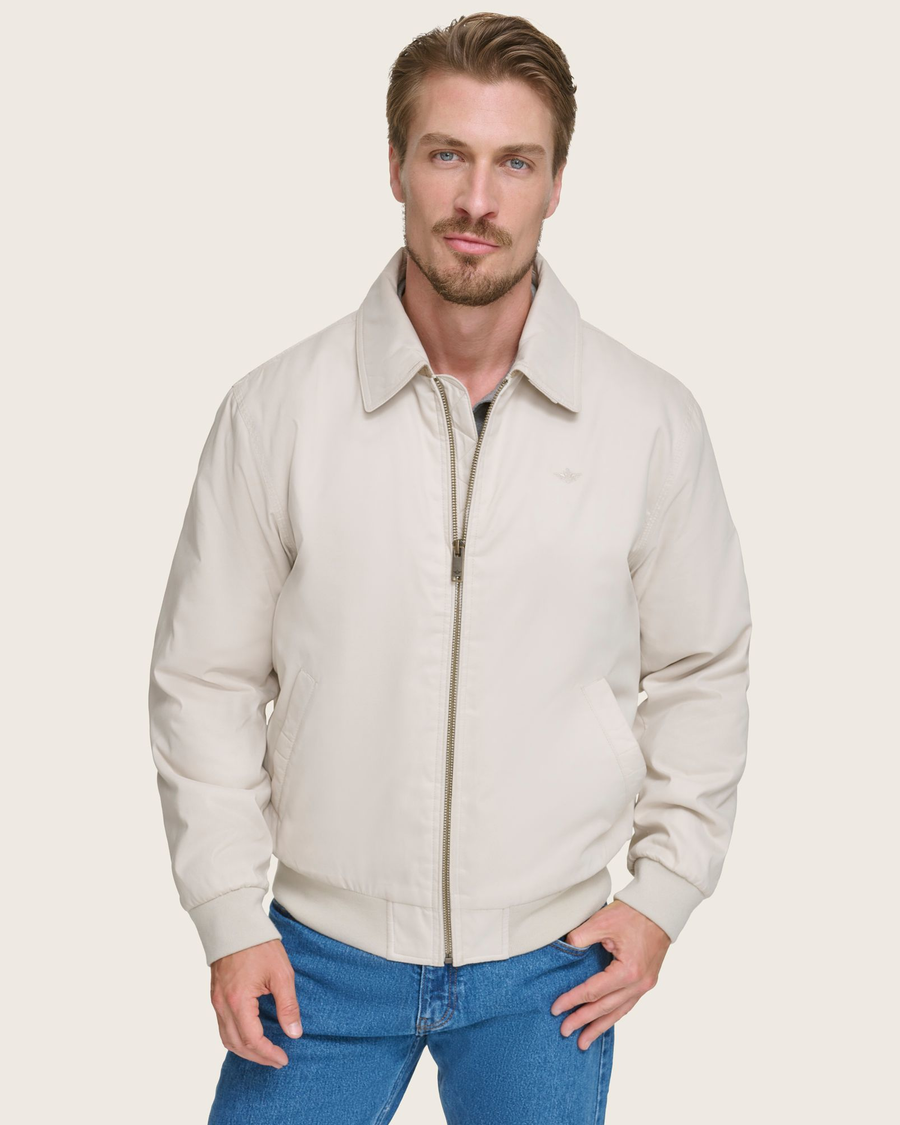 View of model wearing Khaki Microtwill Relaxed Bomber Jacket.