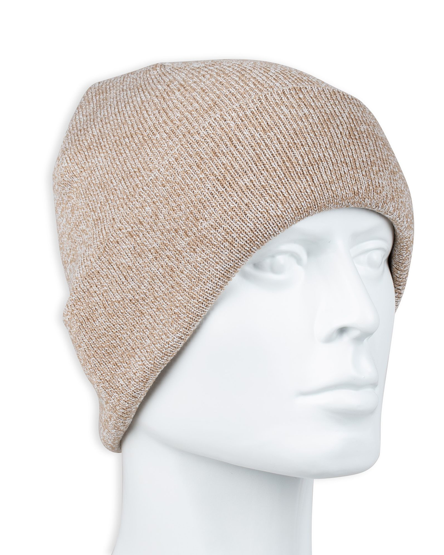 View of  Khaki Recycle 2 Tone Yarn Rib Knit 6 Dart Beanie.