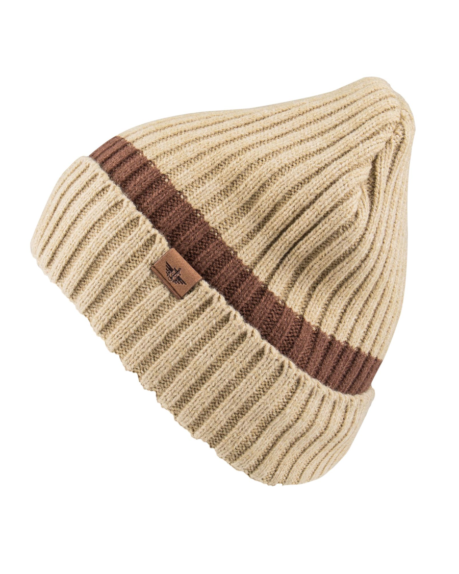 View of  Khaki Ribbed Contrast Stripe Beanie with Sherpa Lining.