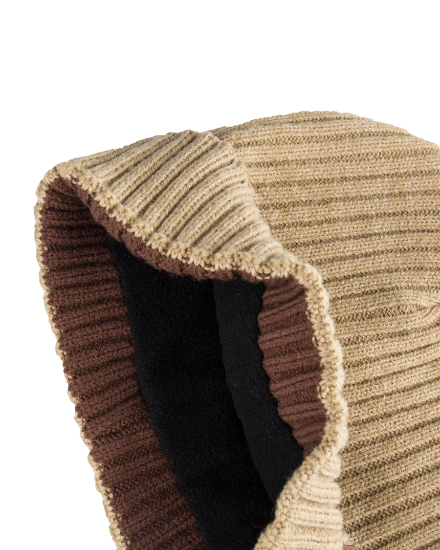 View of  Khaki Ribbed Contrast Stripe Beanie with Sherpa Lining.