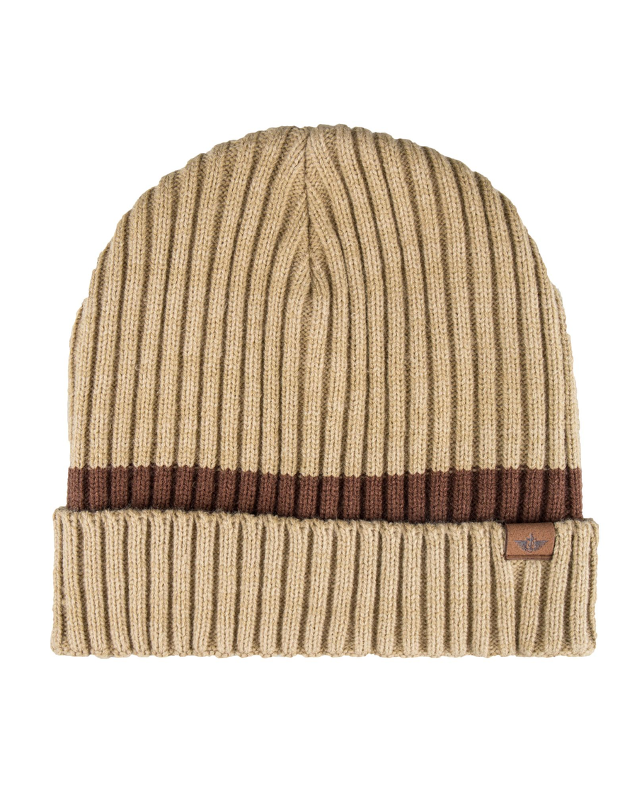 Front view of  Khaki Ribbed Contrast Stripe Beanie with Sherpa Lining.
