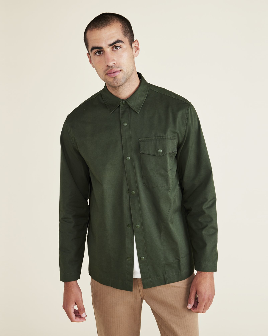 Front view of model wearing Lemon Curry Overshirt, Relaxed Fit.