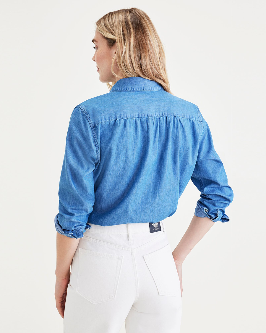 Back view of model wearing Light Blue Rinse Favorite Button-Up Shirt, Regular Fit.