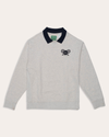 Front view of model wearing Light Heather Racquet Club Collared Sweatshirt, Relaxed Fit.