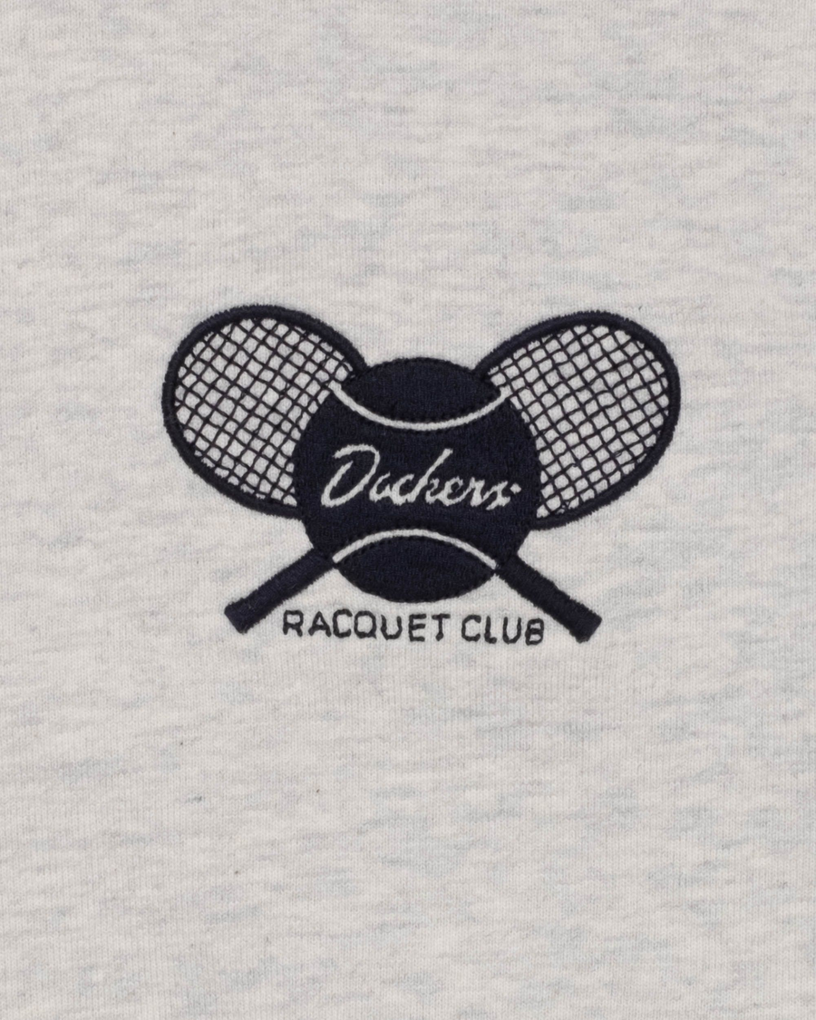 View of model wearing Light Heather Racquet Club Collared Sweatshirt, Relaxed Fit.