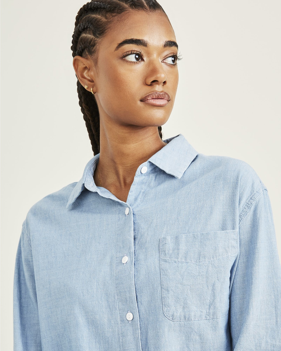 View of model wearing Light Indigo Rinse Original Button-Up Shirt, Relaxed Fit.