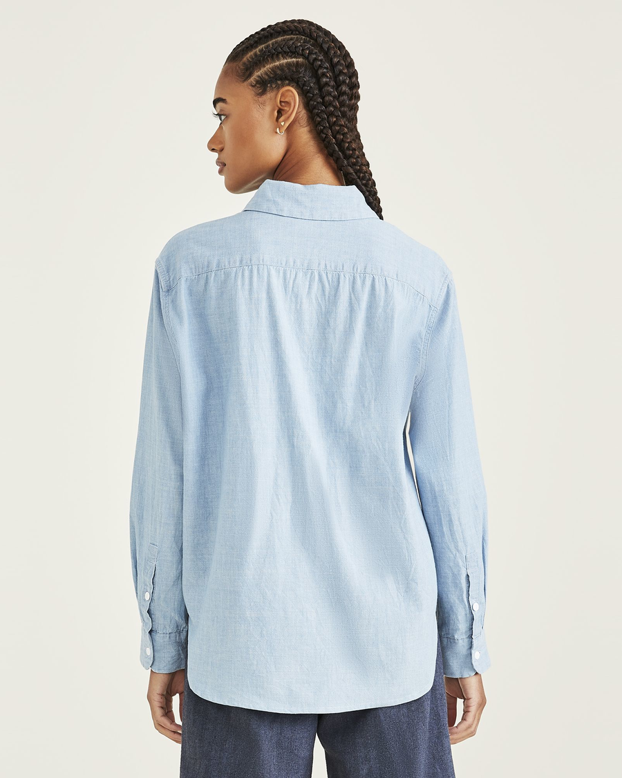 Back view of model wearing Light Indigo Rinse Original Button-Up Shirt, Relaxed Fit.