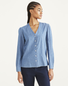 Front view of model wearing Light Wash Chambray Woven V-Neck Shirt, Regular Fit.