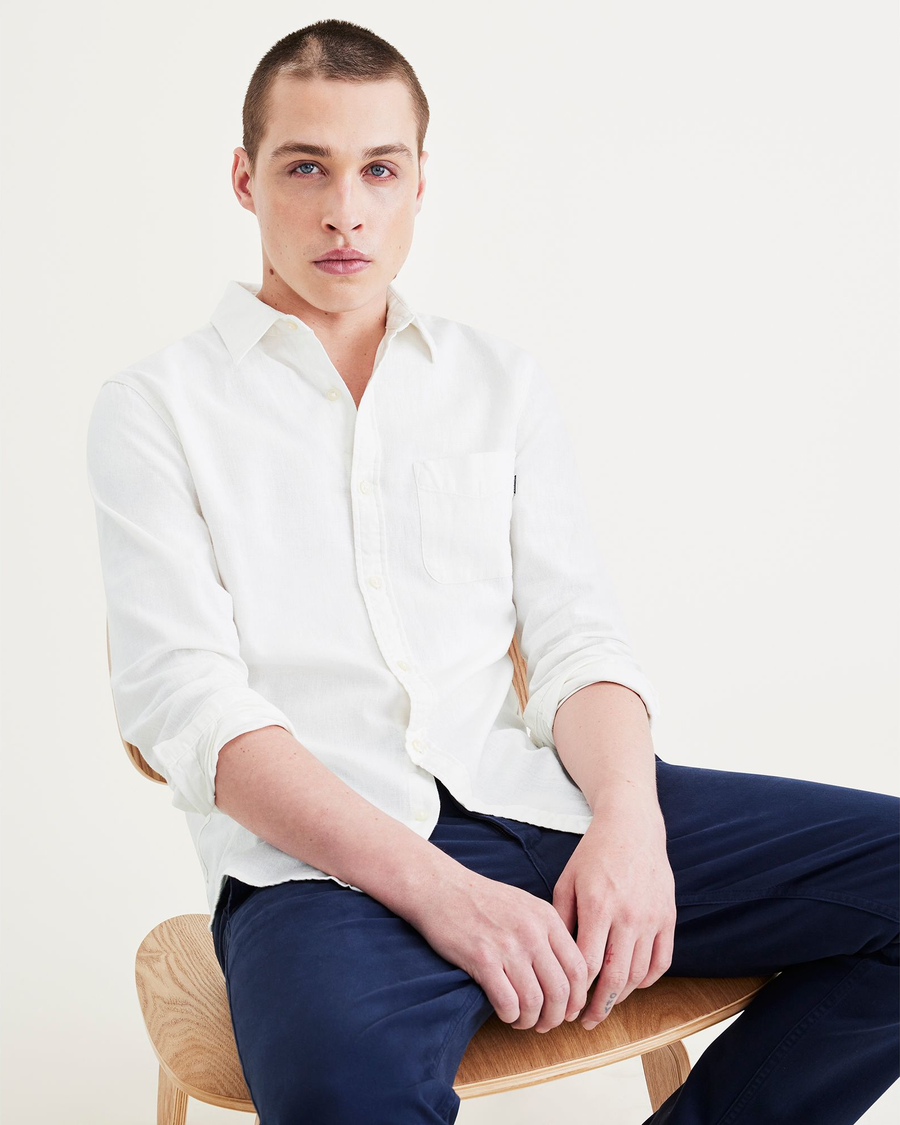 View of model wearing Light White Rigid Original Button-Up, Slim Fit.