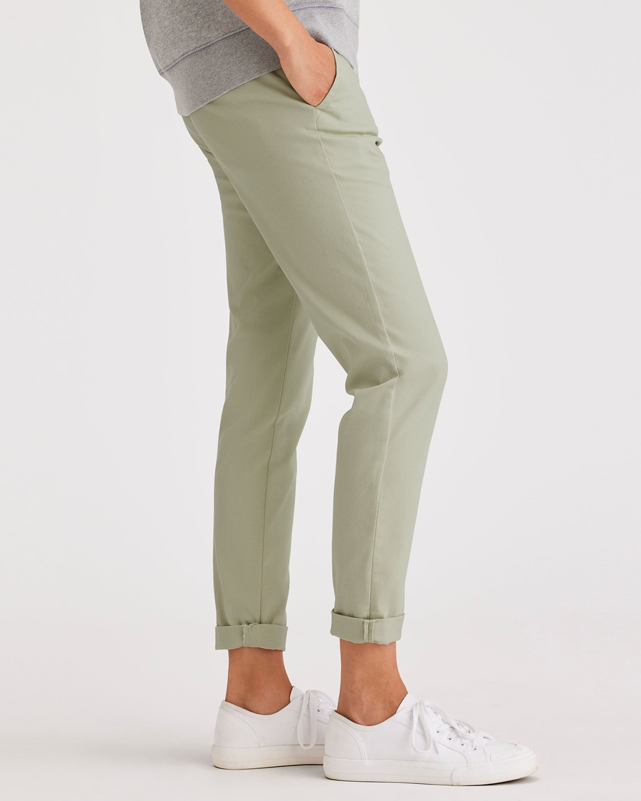Side view of model wearing Lint Weekend Chinos, Slim Fit: Premium Edition.