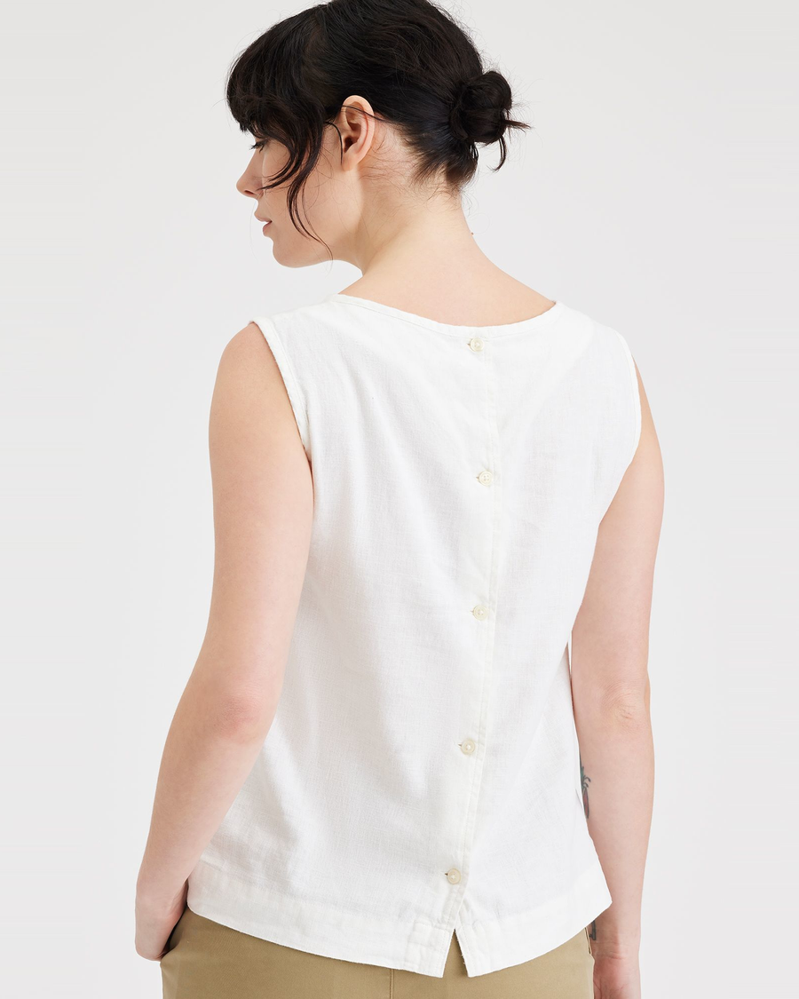 Back view of model wearing Lucent White Button Back Tank, Slim Fit.