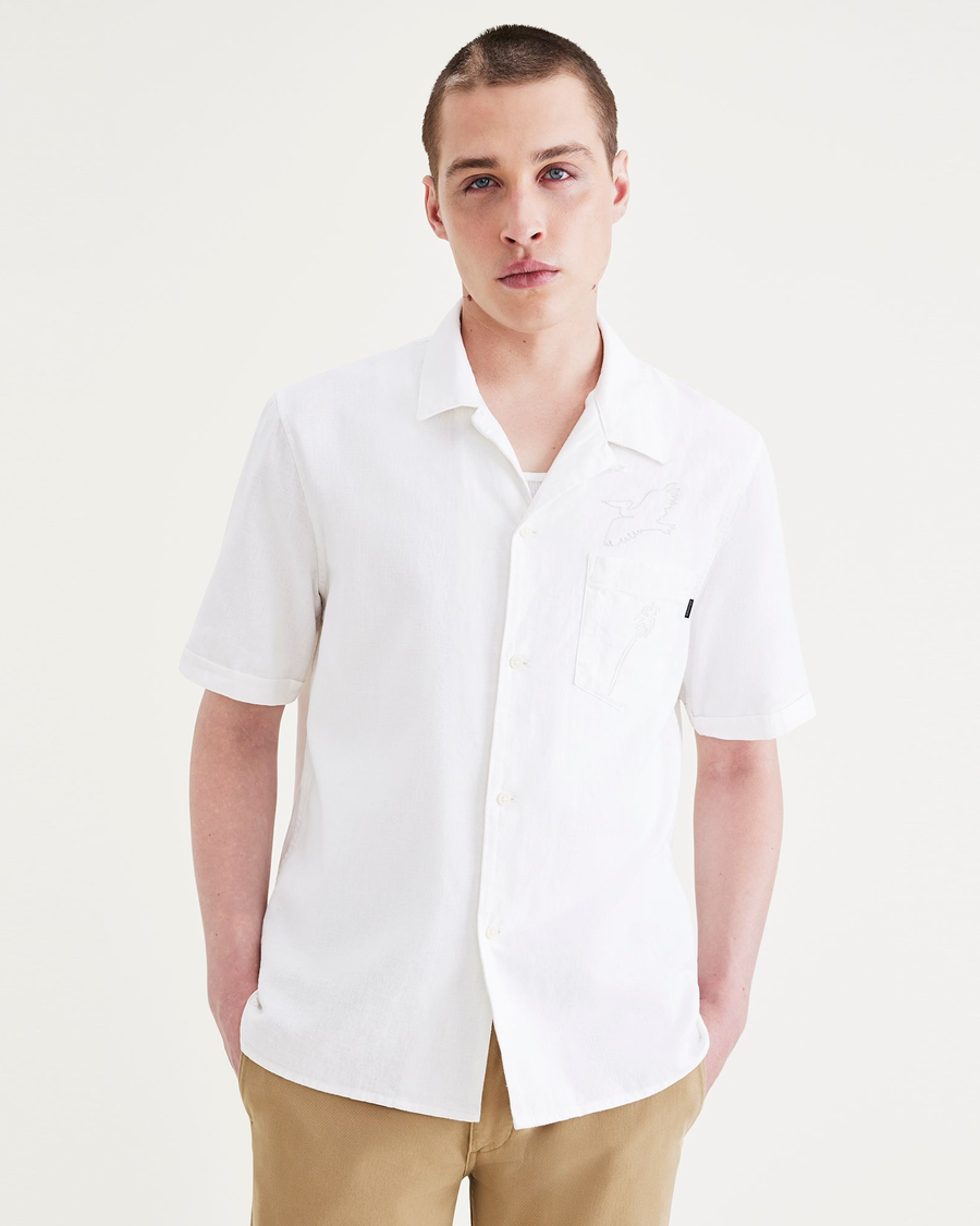 Front view of model wearing Lucent White Camp Collar Shirt, Regular Fit.