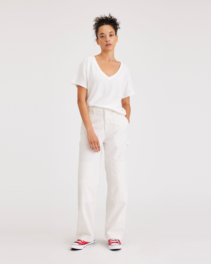 Front view of model wearing Lucent White Carpenter Pant, Straight Fit.