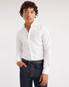 View of model wearing Lucent White Crafted Shirt, Slim Fit.