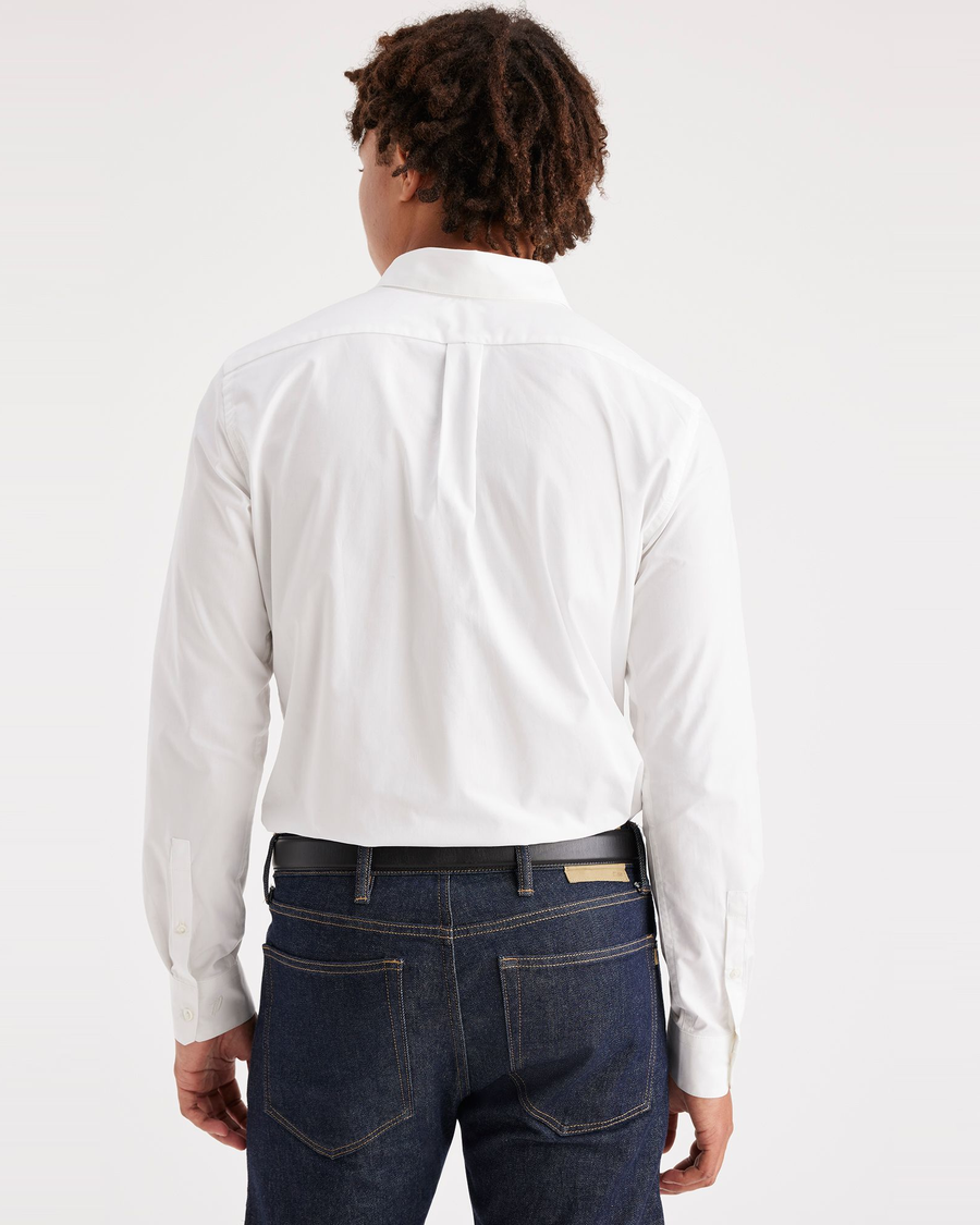 Back view of model wearing Lucent White Crafted Shirt, Slim Fit.