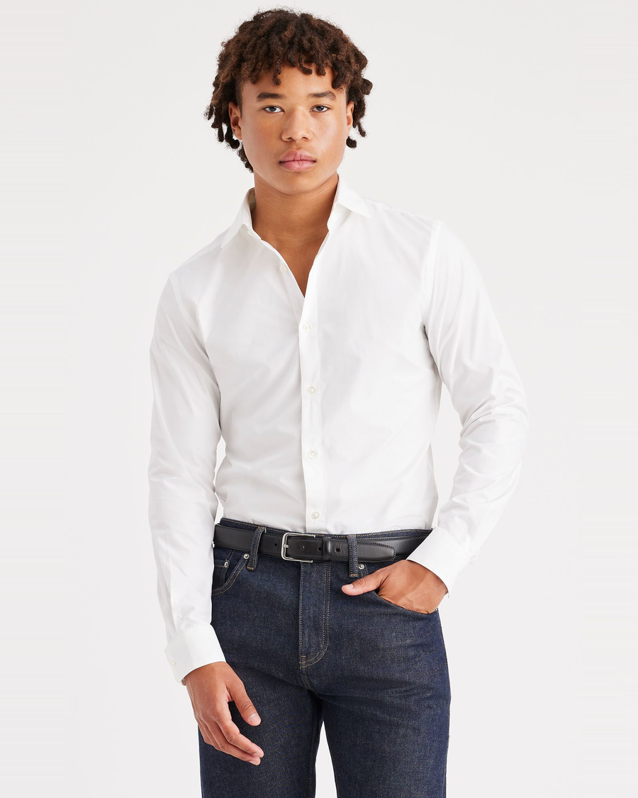 Front view of model wearing Lucent White Crafted Shirt, Slim Fit.