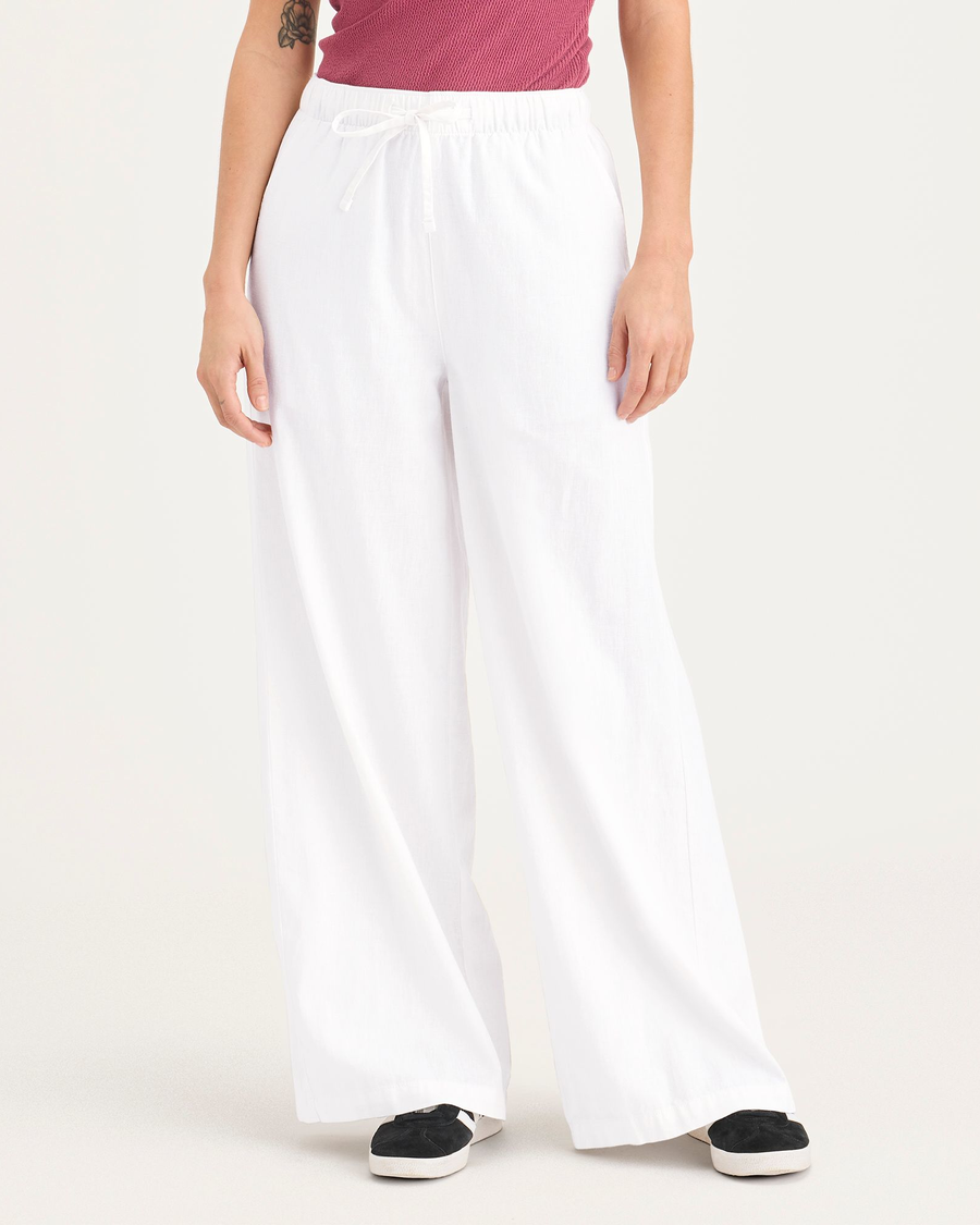 Front view of model wearing Lucent White Drawstring Pant, Regular Fit.