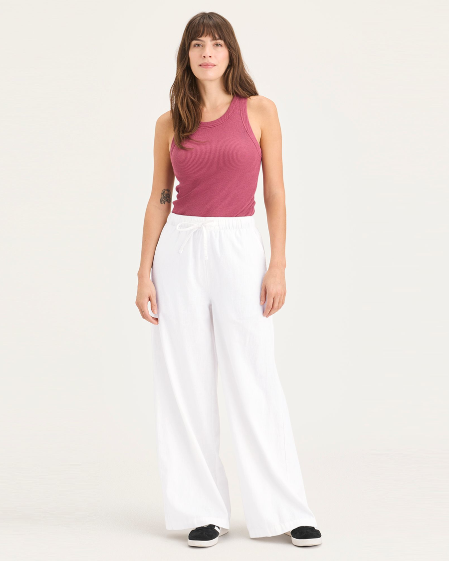 Front view of model wearing Lucent White Drawstring Pant, Regular Fit.