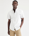 View of model wearing Lucent White Essential Button-Up Shirt, Classic Fit.