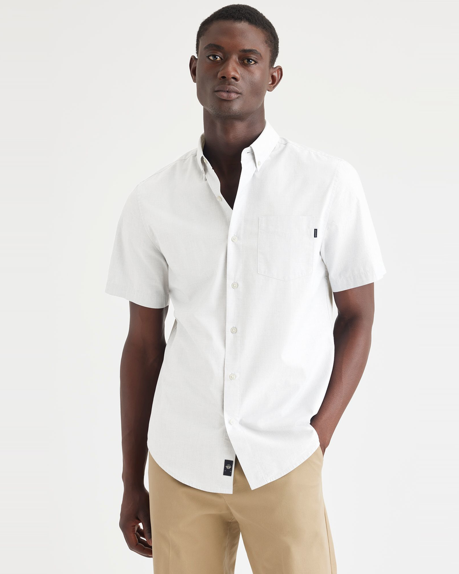 Front view of model wearing Lucent White Essential Button-Up Shirt, Classic Fit.