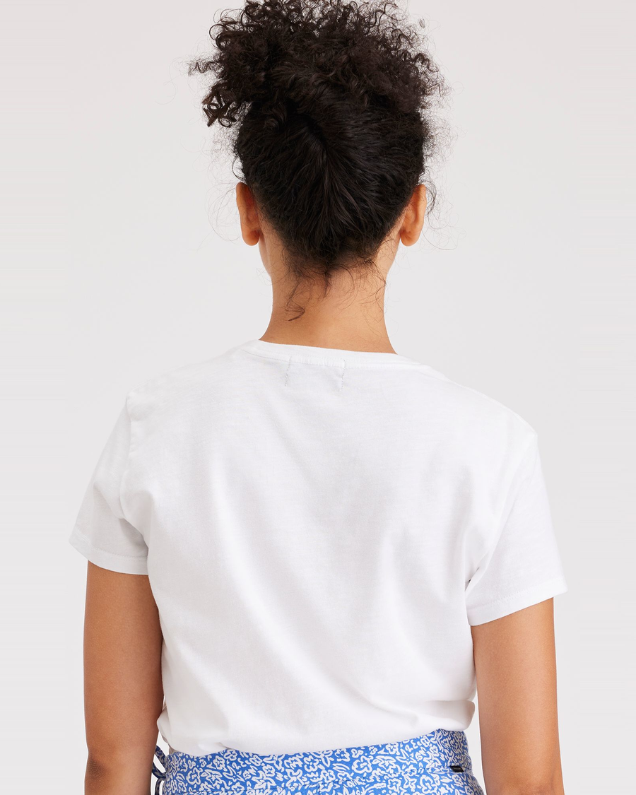 Back view of model wearing Lucent White Graphic Tee Shirt, Slim Fit.