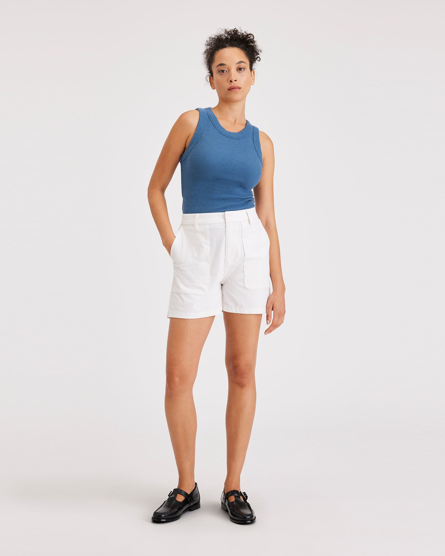 Front view of model wearing Lucent White Mid-Rise Short.