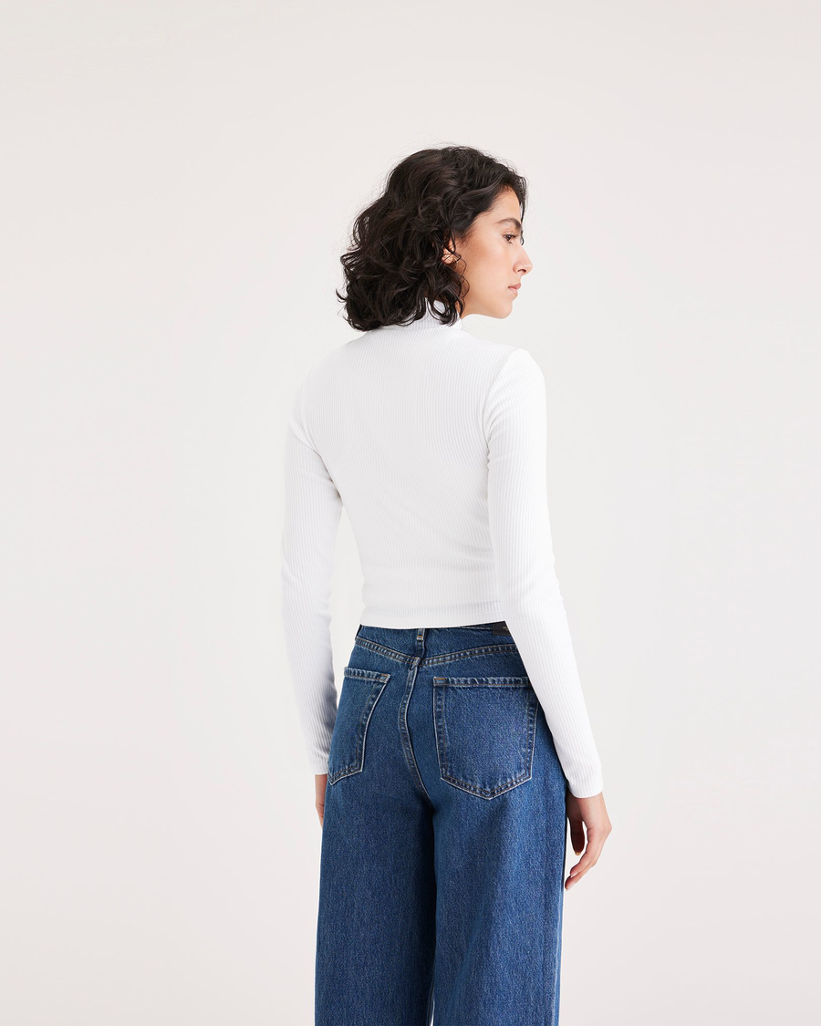 Back view of model wearing Lucent White Mock Neck Crop Top, Slim Fit.