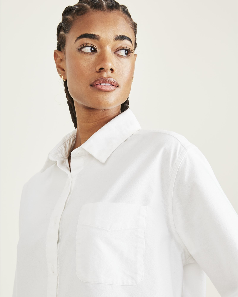 View of model wearing Lucent White Original Button-Up Shirt, Relaxed Fit.