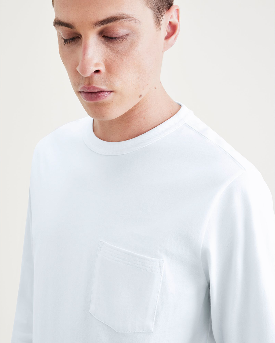 View of model wearing Lucent White Pocket Tee Shirt, Regular Fit.