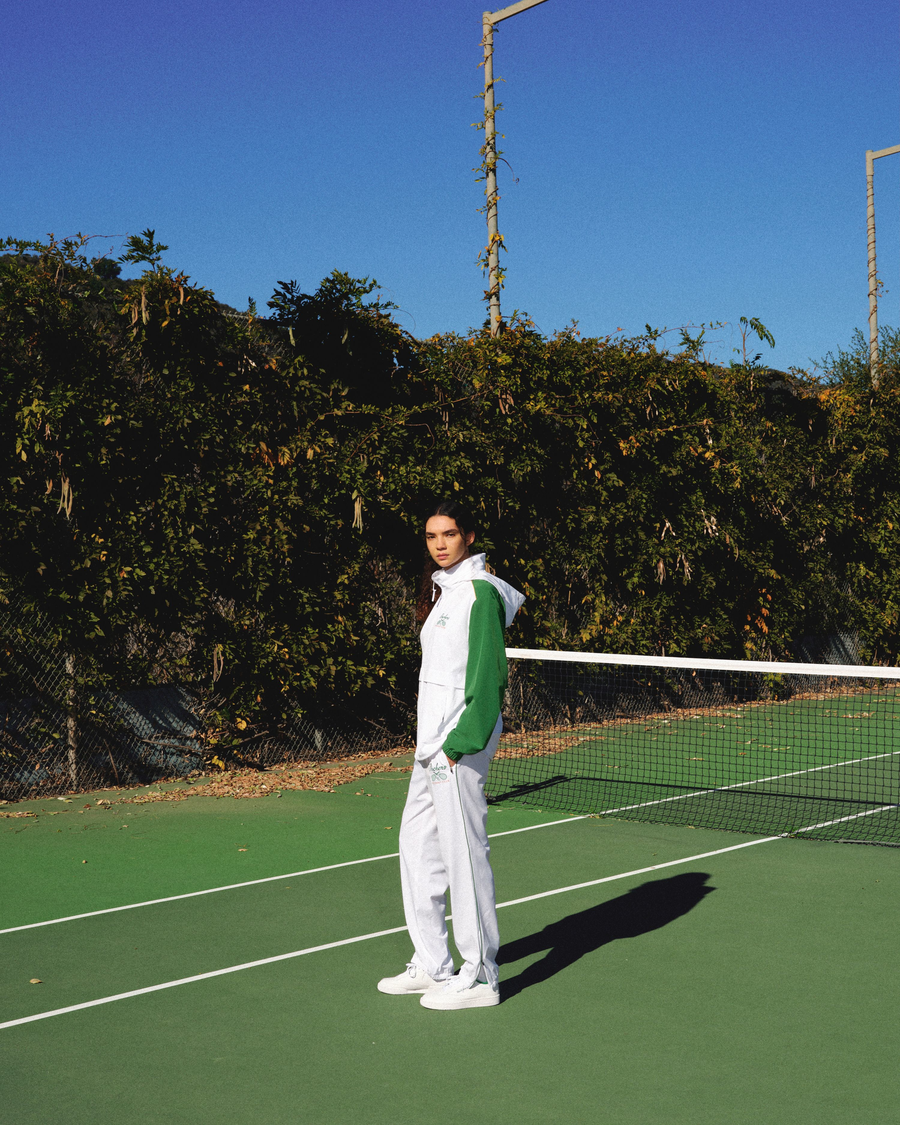 View of model wearing Lucent White Racquet Club Collared Anorak, Regular Fit.