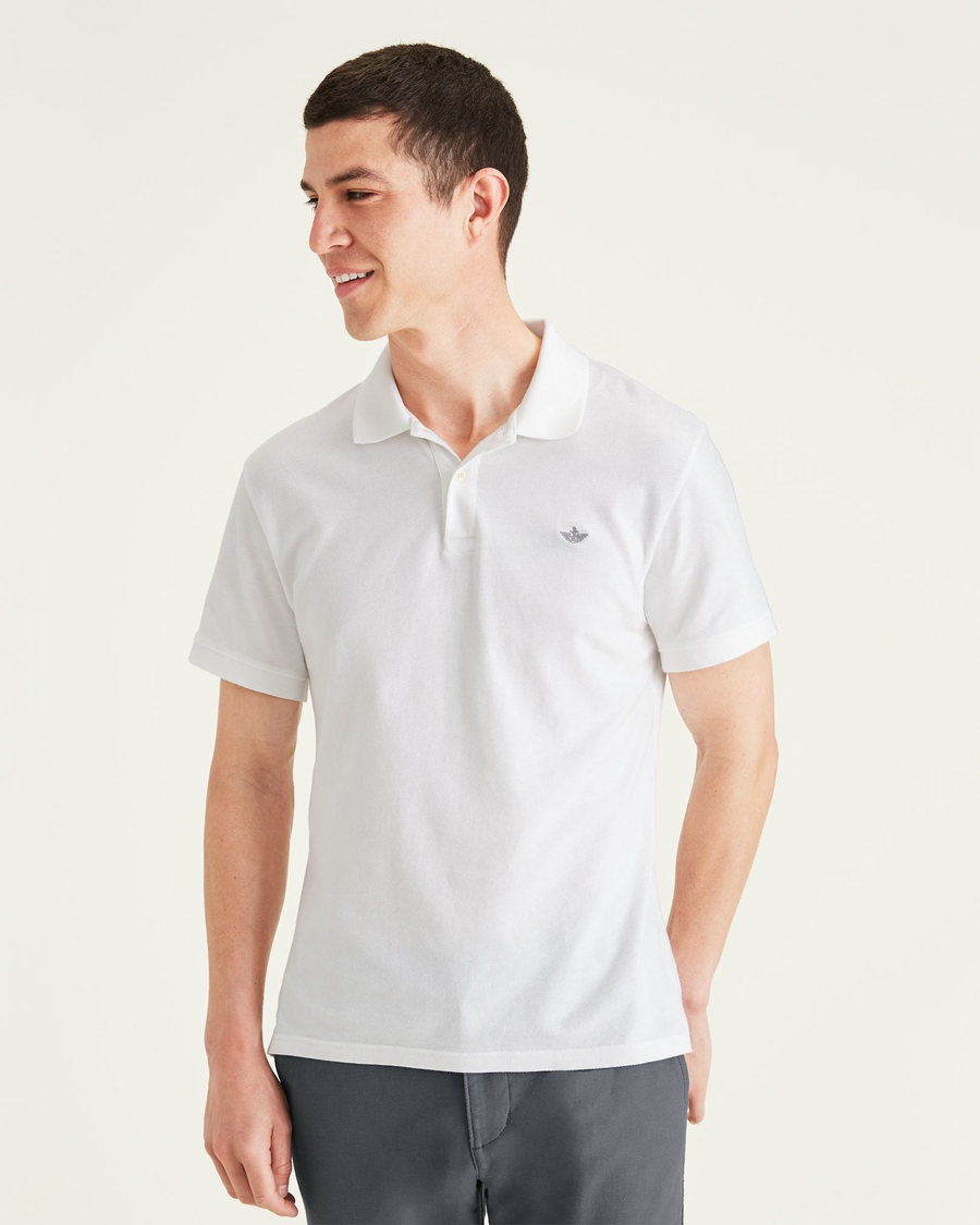 Front view of model wearing Lucent White Rib Collar Polo (Big and Tall).