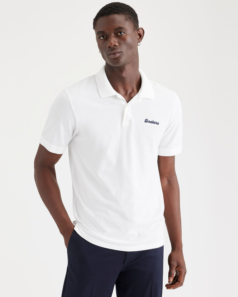 Front view of model wearing Lucent White Rib Collar Polo, Slim Fit.