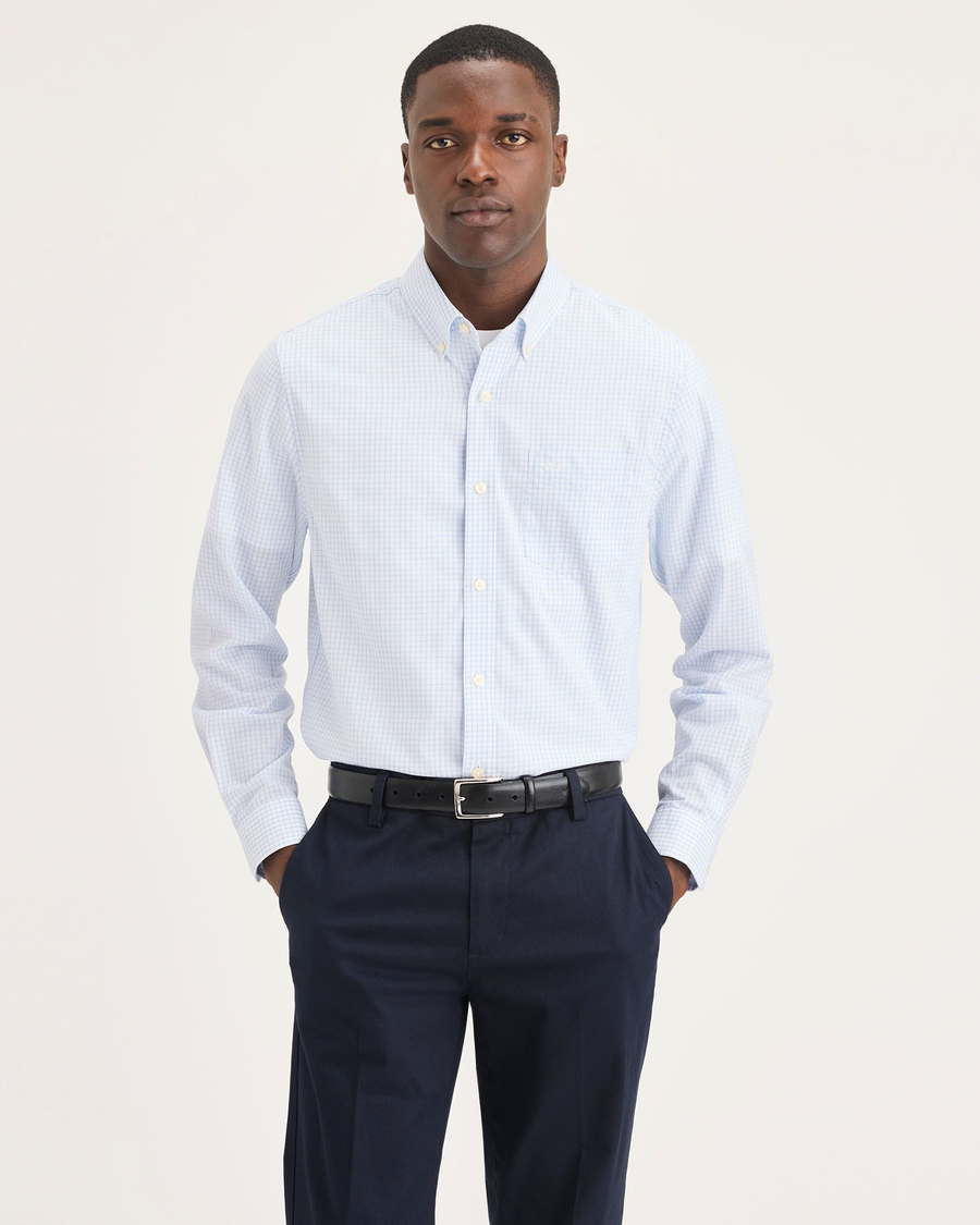 Front view of model wearing Lucent White Signature Stain Defender Shirt, Classic Fit.