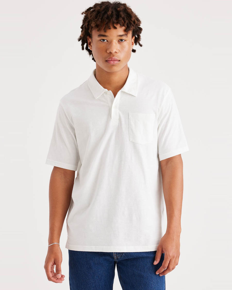 Front view of model wearing Lucent White Slub Pocket Polo, Regular Fit.